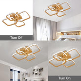 Ceiling light fixture shown in 'Turn Off' and 'Turn On' states with a bedroom background.